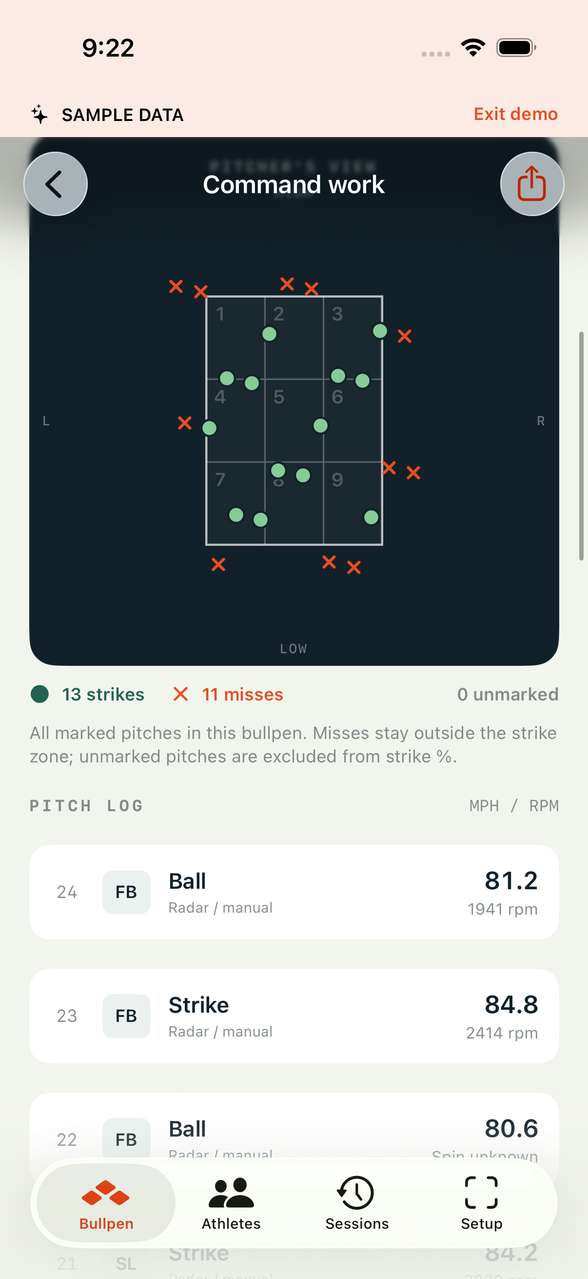 ThrowVelo sample bullpen screen with pitch statistics and a nine-hole pitch location grid