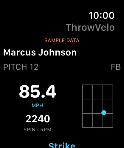 ThrowVelo Apple Watch screen displaying sample velocity, recorded spin, and pitch location